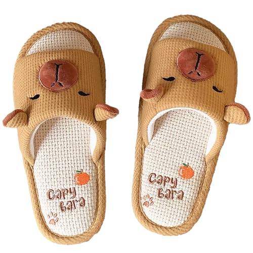 Women's Capybara Linen Slippers Summer Breathable House Shoes, Cute Cotton Slides for Rooms Indoor Comfort Floor Sandals