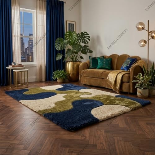 Image of Tauhid Carpet Super Soft Microfiber Shaggy Area Rug Modern Abstract Green Blue & Cream Plush Carpet | Fluffy Floor Rug for Living Room, Bedroom 6x9 Feet.