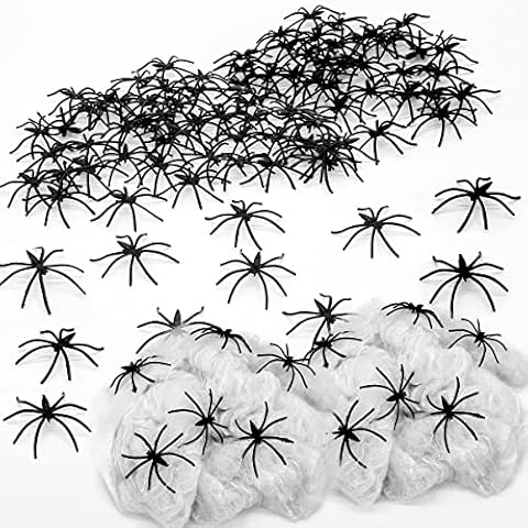 Pack of 2, 100g Halloween Spider Web Decoration with 60pcs Fake Spiders, Stretchable Halloween Cobwebs for Halloween Decorations for Haunted House, Indoor Outdoor, Enough to Cover 600 Square Feet Cover
