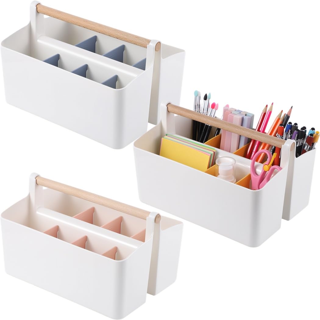Generisch 3 Stück Bastel-Caddies mit Griff, tragbare Organizer, geteilte Körbe für Kunst, Buntstifte, Stifte, Make-up, Boxen mit herausnehmbaren Trennwänden für Alltag, Schreibwaren und Kleinteile