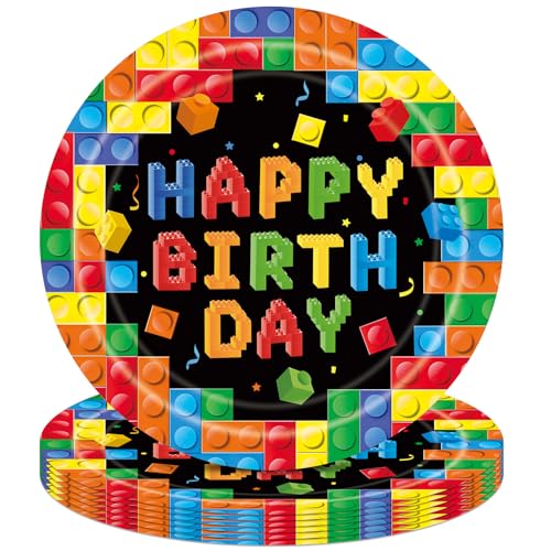 20Pcs Building Block Themed Plates 9 Inch Happy Birthday Plates Colorful Building Block Theme Birthday Supplies Dessert Paper Plates Disposable Plate Set for Kids Boys Birthday Party Decorations