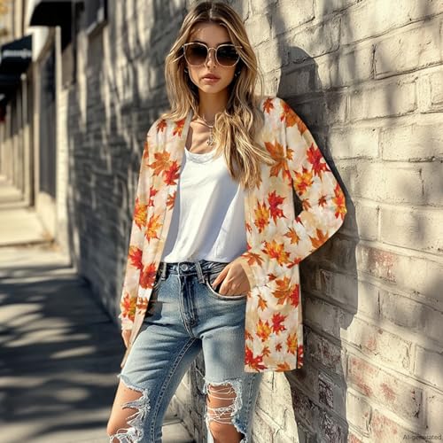 Image of Fall Maple Leaf Cardigan Sweaters for Women Long Sleeve Cardigan Soft Drape Open Front Dusters V-Neck Jackets Dressy