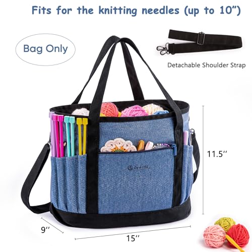 Image of MYBAGZING Canvas Yarn Storage Organizer Bag Washable Crochet Bag with Pockets for Yarn, Hooks, Needles - Travel Knitting Tote for Crafters - Gift for Crocheters & Knitters (Medium /Large)