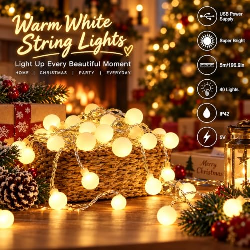 LOHAS 40LEDs Globe Lichterkette, Innen Deko Glühbirne 5Meter, Led Lichterkette Warmweiß, 5V, IP42, Usb-Stromversorgung… – Ansicht 2