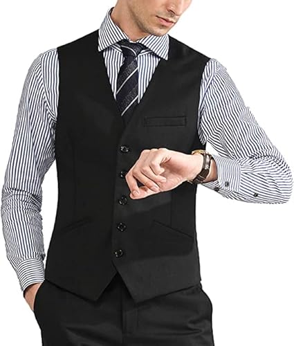[VYOOU] メンズ スーツベスト ビジネス フォーマル 紳士 スリム チョッキ 大きいサイズ Vネック フィット 尾錠付き 2ポケット クラシック 通勤 定番 結婚式 就活 冠婚葬祭 就職 (ブラック,M)