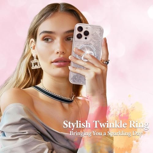 Image of ANEWSIR for MagSafe Phone Grip Magnetic Phone Ring, for iPhone 12-17 Series, Stylish Glitter Silver Series (Silvery+Colorful Stickers) (Silver)
