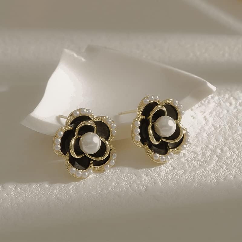 Imitation Pearl Stud Earrings,925 Sterling Silver Stud Earrings, Black Earrings for Women - Image 3