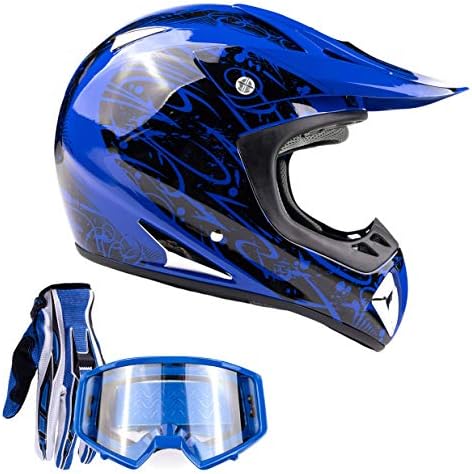 Typhoon Adult ATV MX Helmet Goggles Gloves Gear Combo Blue (XL)