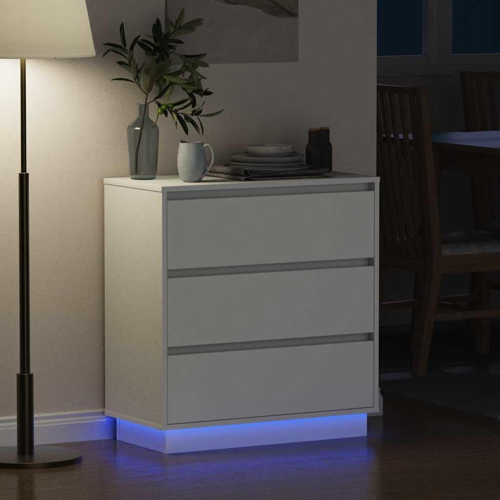 Nachttisch Weiß aus Holzwerkstoff 71 x 34,5 x 75 cm mit 3 Schubladen USB LED-Lichterkette modernes Design für Schlafzimmer, Wohnzimmer, Kinderzimmer Stauraum und Ablage