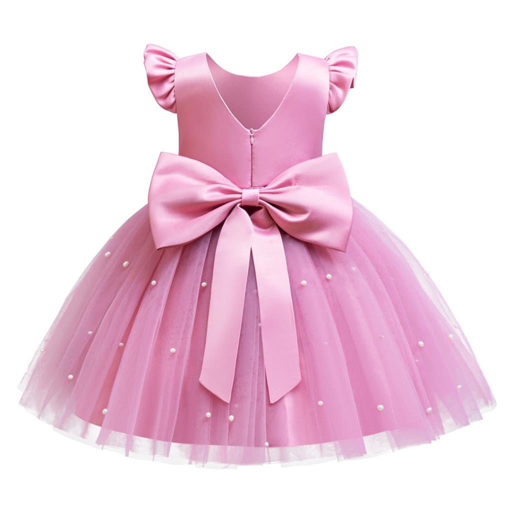 Lito Angels Robe de cérémonie Fille avec Perles | Perles délicates, manches à volants, dos en V, jupe tulle superposée, grand nœud au dos, Mariage, Cérémonie, Baptême, Noël