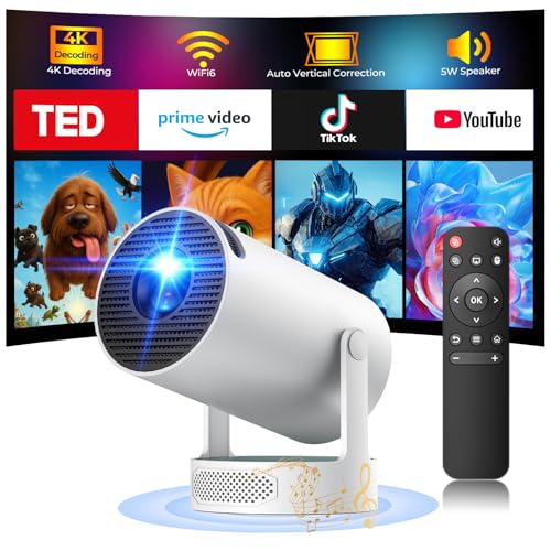 Mini Projector with WiFi and Bluetooth, 4K Projector with 5W Soundbase Speaker, Portable Projector for Bedroom, 300 ANSI Lumens Smart Projector, 270° Rotation Automatic Vertical Keystone Correction