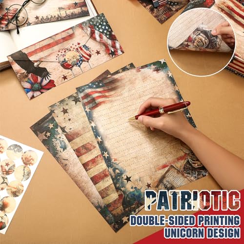Image of TaoBary 160 Pcs Patriotic Stationery Paper and Envelopes Set 50 Double Sided Lined Stationery Paper with 50 Matching Envelopes and 60 Round Dot Sticker 8.5 x 11'' Letter Writing Kit, 10design