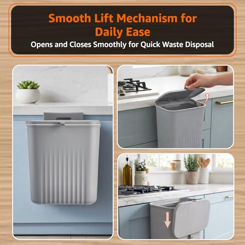 Image of Amazon Basics 9 Litre Kitchen Dustbin with Lid, Hanging Plastic Trash Can for Cabinet Door, Wall Mounted Garbage Bin, Double-Sided Open Design - Grey