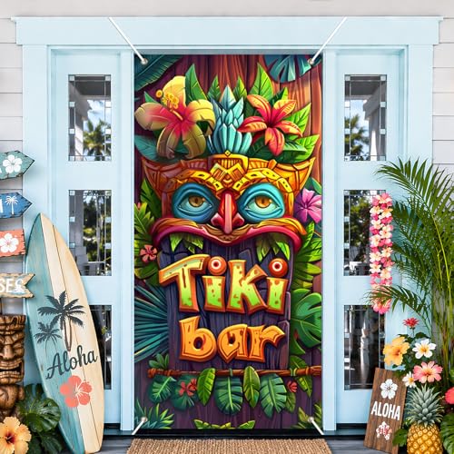 Image of BissYard Tiki Bar Door Cover 71 x 35 Inches Tropical Tiki Mask Door Banner Hawaiian Luau Party Front Door Decoration Indoor Outdoor Porch Island Theme Decor