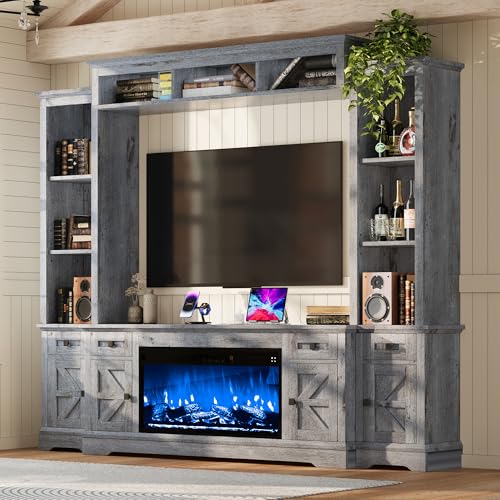 AMERLIFE 98in Farmhouse Entertainment Center with 36' Fireplace, TV Stand, Bookshelves, Wine Cabinet, Fits 75' TVs, Large Wall Unit Media Console with Power Outlets & Barn Doors, Living Room, Grey