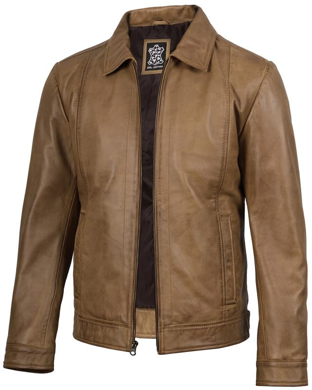Image of Blingsoul Vintage Distressed Leather Jacket for Men - Shirt Collar Genuine Lambskin Mens Leather Jacket