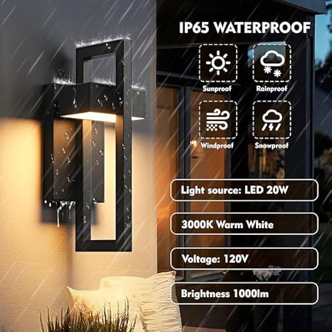 Outdoor Wall Lights Modern LED Exterior Lighting Fixtures, 3000K 20W Outdoor Wall Sconce for Porch, Matte Black Outside Wall Mount Lights for Front Door House Garage Indoor 2 Packs