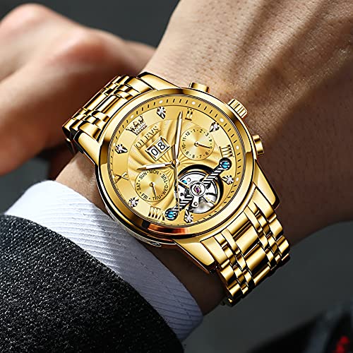 Image of OLEVS Men Automatic Watch Skeleton 5 Hands Mechanical Classic Luxury Multi Calendar Stainless Steel Waterproof Wrist Watch for Men