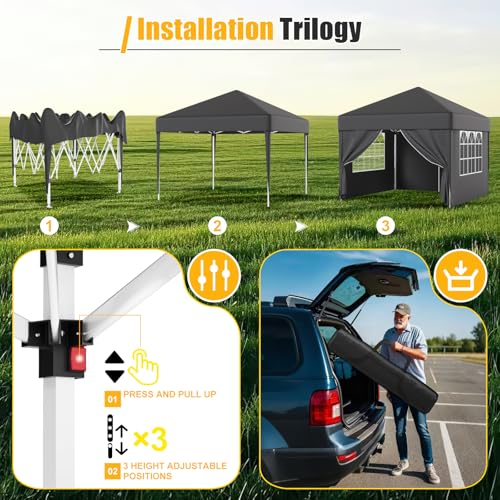 Devoko 3m x 3m Pop Up Garden Gazebo with Sides, Easy Setup Waterproof Marquee Tent with 4 Removable Panels, UV 50+ Canopy, Adjustable Height, Folding Outdoor Shelter for Camping, Events, Grey - Image 6