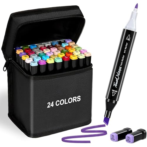 Kit Marcadores 24/36/48/60/80 Cores – Canetas Marcador de Ponta Dupla Profissionais, Cores Ricas e Vibrantes, Para Desenho, Crianças e Livros de Colorir Adulto (24)