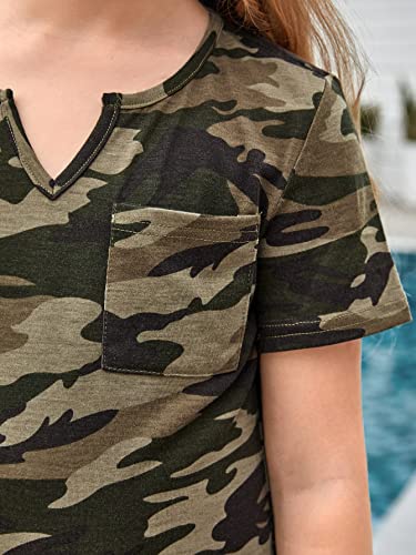 WDIRARA Girl's Camo Print Notched Neckline Straight Hem Short Sleeve Knitted Tee Dress4