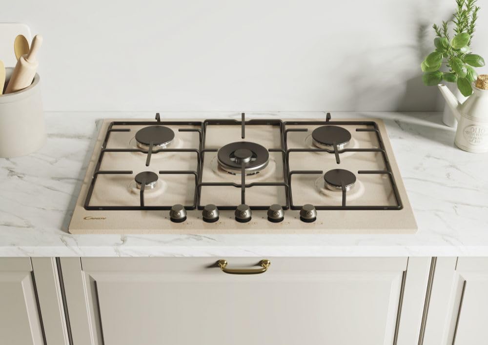 Candy Classic Piano Cottura a Gas 5 Fuochi, Acciaio Inossidabile, Bruciatore a Doppia Corona, Griglie Smaltate Leggere e Lavabili in Lavastoviglie, 74,5 x 51 x 3,5 cm, Color Avena - CHW7AV4WGT