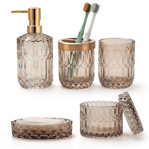 Lot de 5 Accessoires de Salle de Bain en Verre Brun avec Distributeur de Lotion, Porte Savon, Porte Brosse à Dents, Gobelet, Pots de Cotons-Tiges, Décoration...