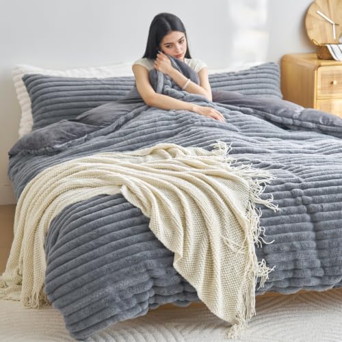 Image of Besfunny Dark Grey Plush Comforter Cover Full Size ,Fluffy Striped Bedding 2pcs Set(1 Fuzzy Duvet Cover + 1 Fur Pillow Cases ) Faux Fur Luxury Bed Set (Dark Grey, Twin)