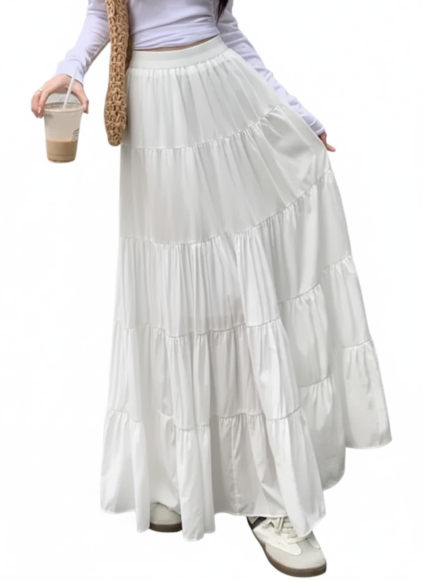 Women Solid Gathered White Skirt-picture-49