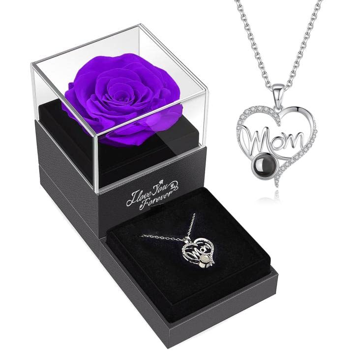 Wildlovepreserved Real Purple Rose With I Love You Mom Necklace