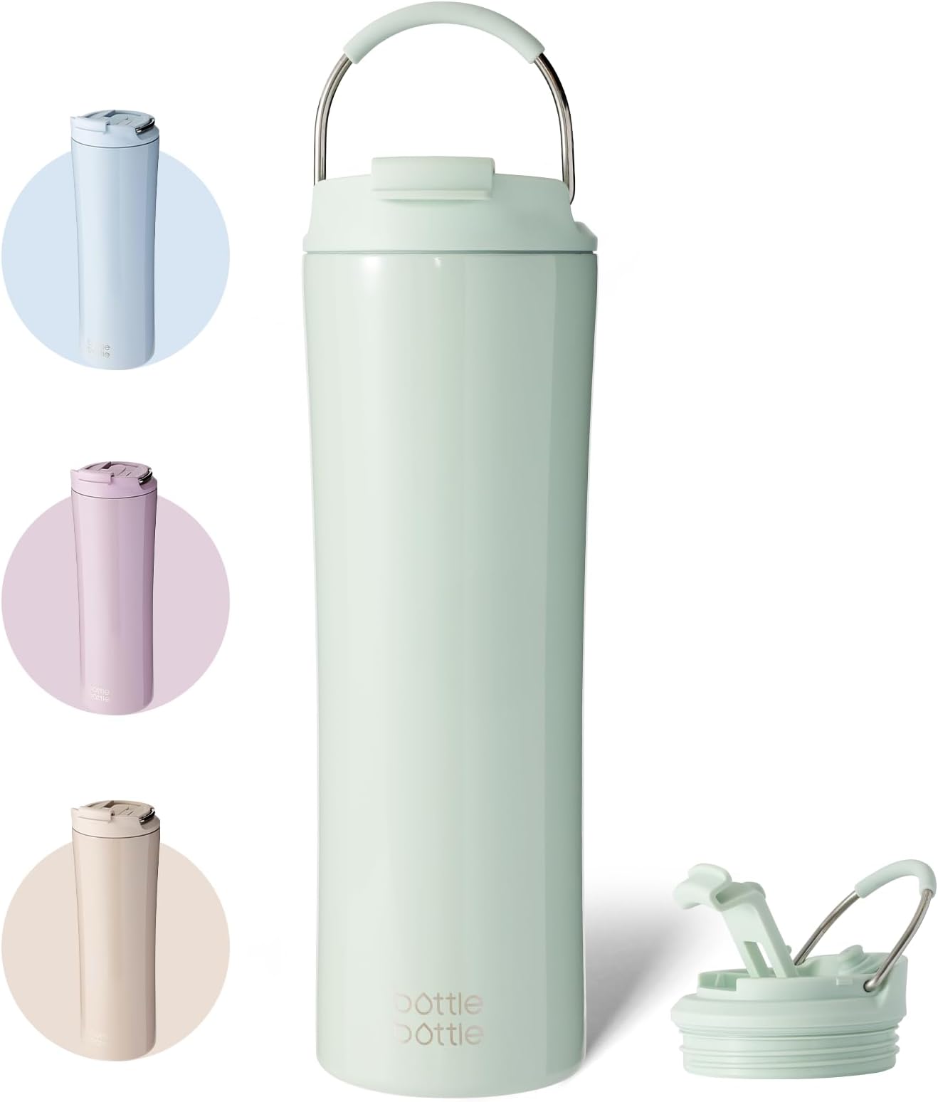 BOTTLE BOTTLE Insulated Coffee Cup with Dual-use Lid and Straw 700ml(24oz) Reusable Iced Travel Mug for Woman and Man Stainless Steel Tumbler with Handle（Light Green）