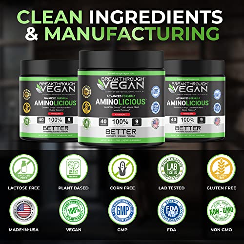 Breakthrough Vegan Aminolicious | Advanced Plant Based Essential Aminos | Essential Amino Acids Supplement For Enhanced Energy | Lean Muscle Mass | Muscle Recovery | 9 Grams | Raspberry #TOP2