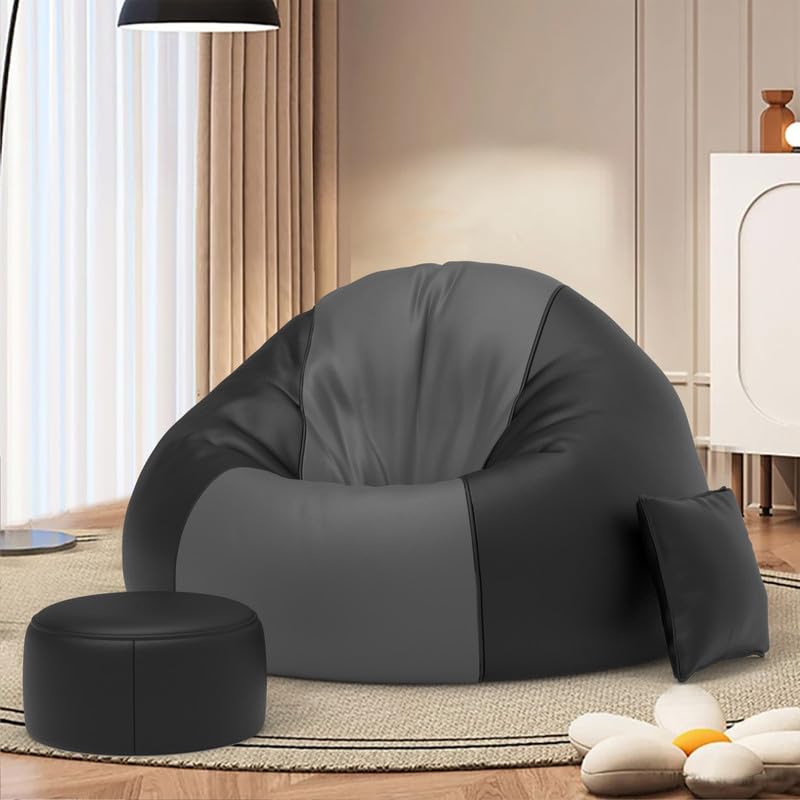 Image of Biggie Bean Bag with Beans Filled 5XL Comfort Essence Bean Sofa-Designed for Relaxation-Crafted for Elegant Spaces with Free Cushion & Footrest (Matching Color : Leatherette Dark-Grey Black)