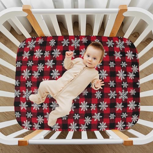 Image of Baby Crib Sheet Snowflakes Buffalo Plaid Crib Mattress for Boys and Girls Playard Sheet Soft Breathable Fitted Baby Mattress Cover 52x28in
