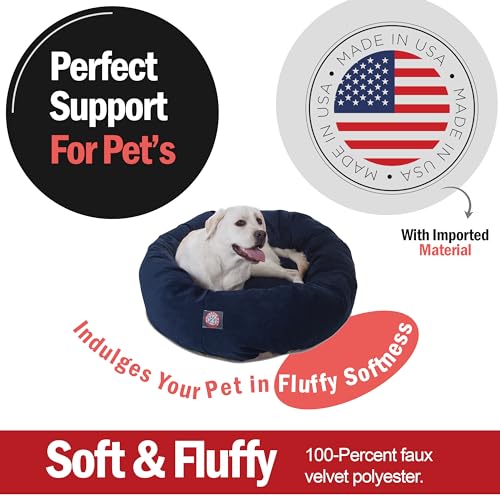 Image of Majestic Pet 40 Inch Micro Velvet Calming Dog Bed Washable - Cozy Soft Round Dog Bed with Spine for Head Support - Fluffy Donut Puppy Mat 40x29x9 (inch) Large - Navy (2025)