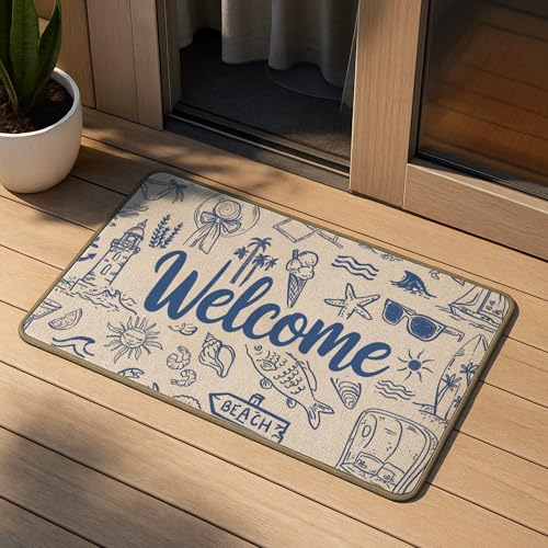 M-Qizi Coastal Beach Welcome Door Mat, Blue Preppy Beach Doormat for Outdoor Front Door Entrance Porch, Coastal Beachy Welcome Mats Doormat Outside, 17x30 Inch - Image 2