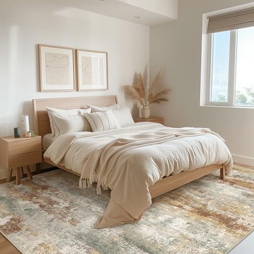 Area Rugs 10x14 for Living Room Bedroom, Modern Abstract Machine Washable Rug, Large Soft Low Pile Floor Cover with Non Slip Backing for Dining Room, Orange Green