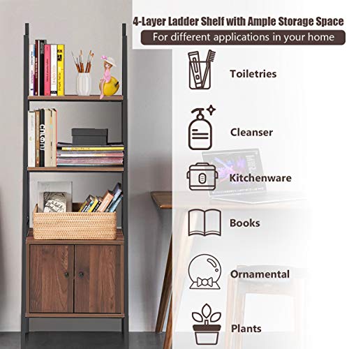 Tangkula 3 Shelf Ladder Bookshelf, Freestanding 3-Tier Wooden Bookcase with Doors, Multifunction Display Shelf, Plant Stand, Decor Furniture for Home Office (1, Walnut)