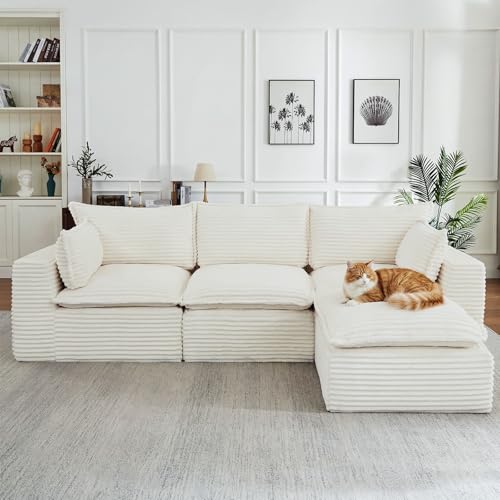 Image of 110 inch Modular Sectional Sofa with Ottoman - L Shaped Cloud Couch for Living Room, Oversized Boneless Couch Set, Modern Corduroy Memory Foam Sofa in a Box
