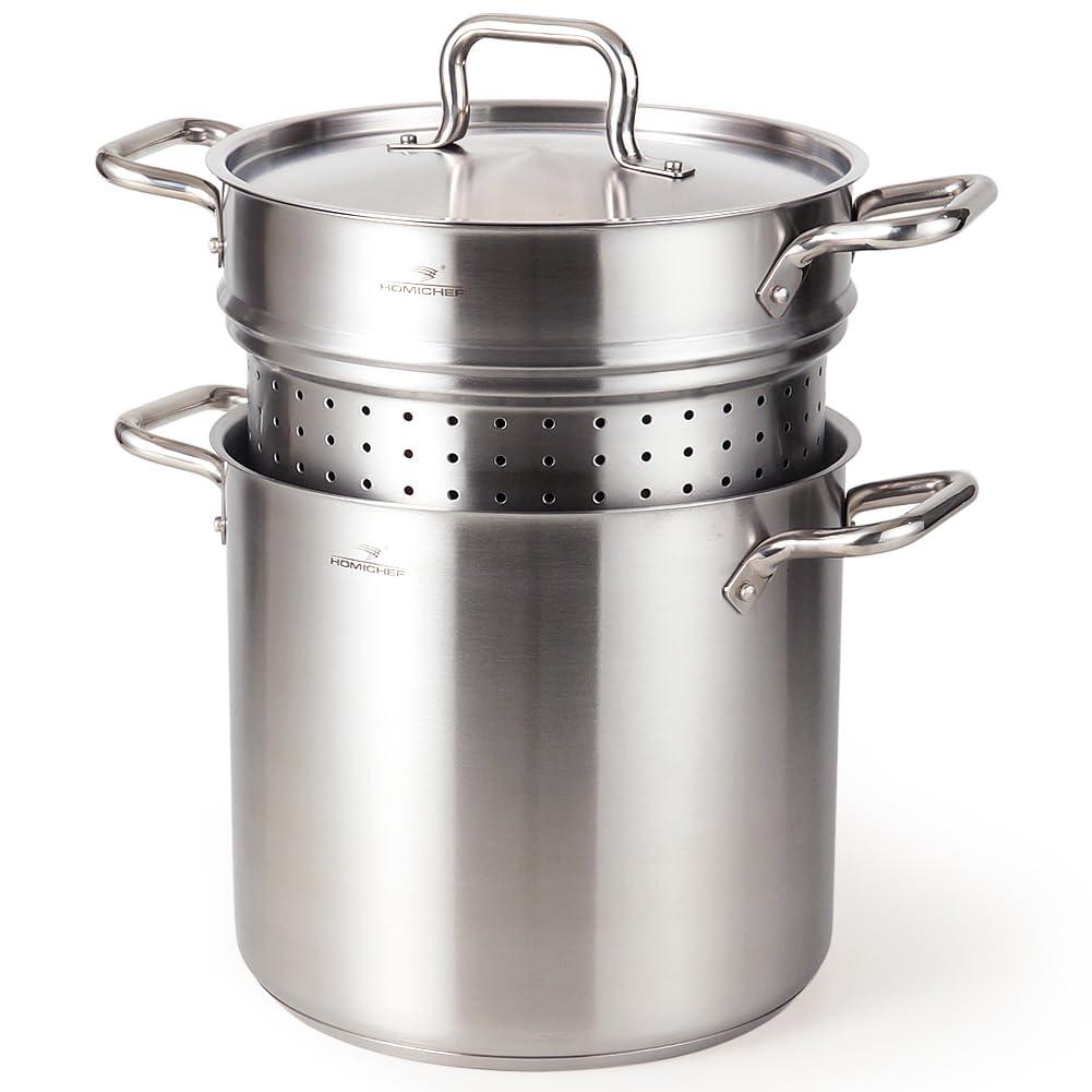 HOMICHEF Pentola per pasta in acciaio inox senza nichel da 13 litri, con colino e coperchio – Cestini in acciaio inox di grado commerciale – Set di pentole a vapore a induzione lucidate opache da 13
