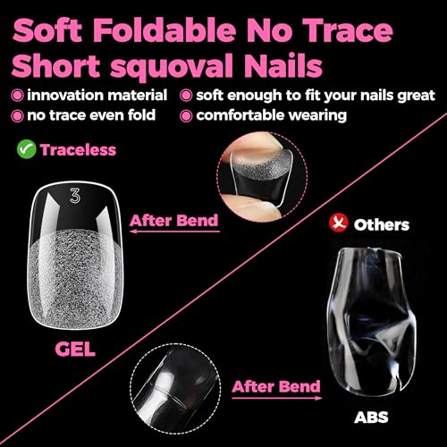 Image of UNA GELLA Gel Nail Tips Square & Squoval Short, 504pcs Short Round Square Nail Tips Pre Etched Squoval Soft Gel Clear Fake Nails Full Cover For Nails Extension Home DIY Salon 12 Sizes