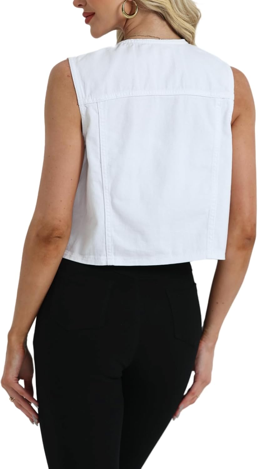 LifeShe レディース クロップドデニムベストトップカジュアルVネックボタンダウンノースリーブジーンズジャケットウエストコート