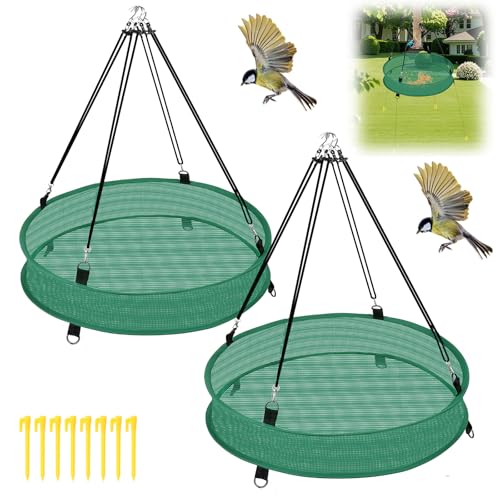 Lettry 2Pcs Bird Seed Catcher Tray with 8pcs Plastic Stakes for Hanging Bird Feeder Platform, Birdseed Hoop for Outdoor Garden Hanging Tray (Green, 18inch)