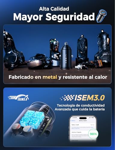 LISEN Cargador Coche Mechero Carga Rapida USB C 69W, Flash del Dia Accesorios Coche Camper para iPhone 17 16 Xiaomi Samsung S25 BMW, Metal Mechero Móvil Coche 12V Gadgets Regalos San Valentin Hombre - imagen 9