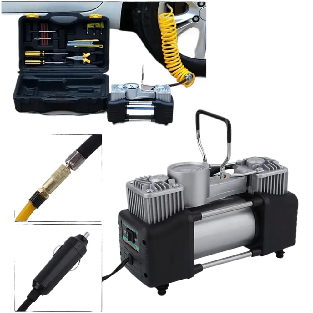 Compressore d'aria per auto 12V con doppio cilindro in acciaio inossidabile, motore da 300 W, pressione massima 150 PSI, tasso di gonfiaggio 60 l/min per pneumatici per auto e veicoli a 12 V