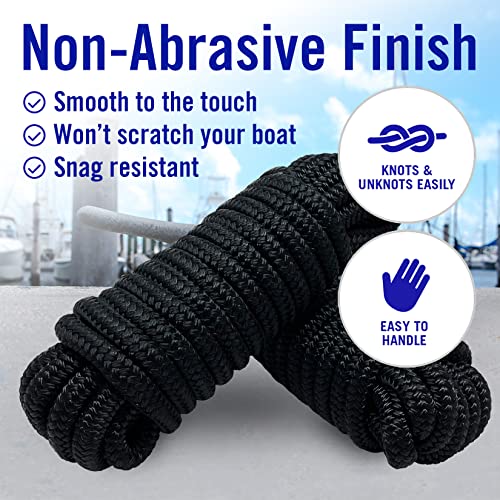 Image of Dock Lines for Boats 1 /2 inch x 25ft, 2 Pack Double Braided Nylon Boat Rope | 12 inch Loop, Marine Grade Mooring Line for Docking, Black, Better Boat