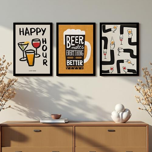 Image of PAINTINGMANTRA Bar and Beer Retro Graphic Framed Poster for Living Room inchHappy Hour inch Retro Framed Painting for Home Decor Bar Pub Lounge Dining area restaurant Hotel Set of 3, Size 33x45 cm