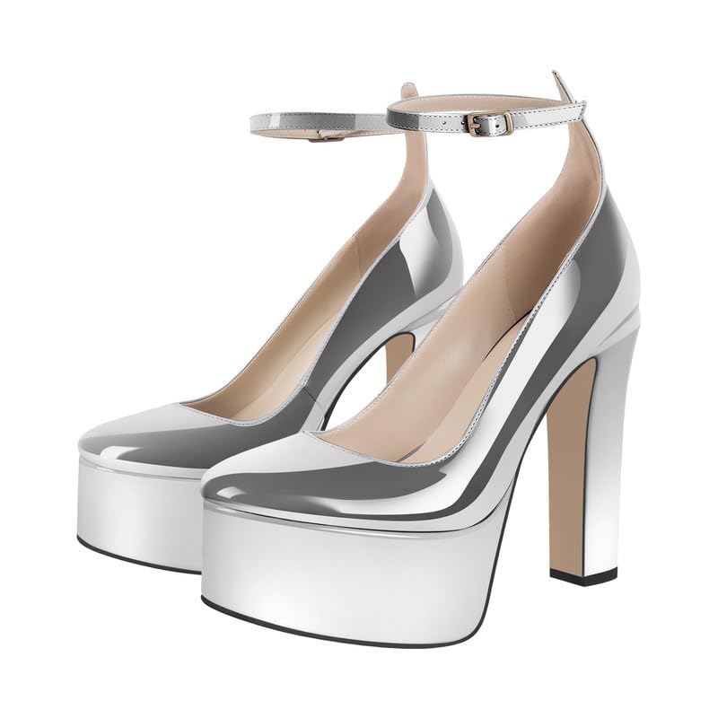 VERISSON Round Toe Mary Jane Adjustable Buckle Strap Platform Chunky Heels Pumps Patent Leather High Heel Party Shoes2