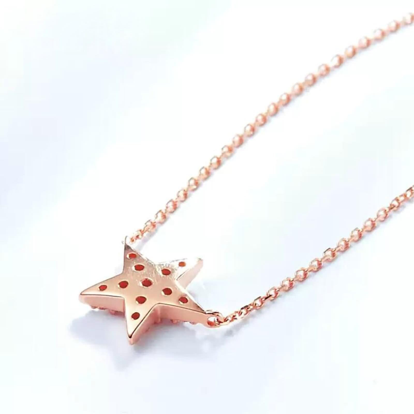 Collar largo con colgante de estrella con diamante de 0,12 quilates, oro rosa de 9/14/18 quilates, 45 cm