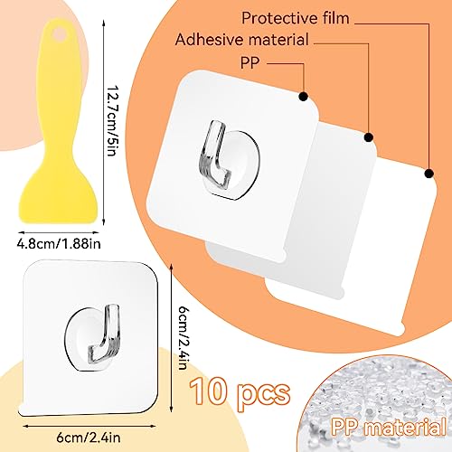 Magischer Haken, 10 Stück Transparente Haken, Klebehaken Transparent, Selbstklebende Klebehaken mit Schaber - für Küche, Bad, Toilette Türwand (5kg Max)
